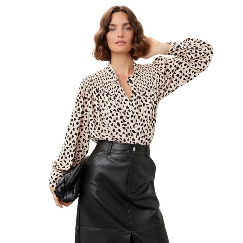 Thakoon Smocked Animal Print Beige Blouse Tan Leopard Smock V-Neck Top Tan M